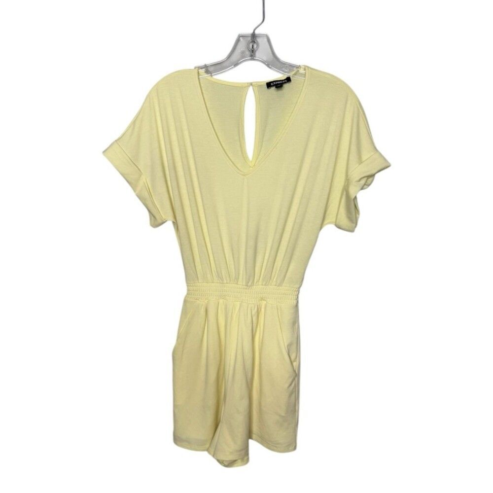 Express Pale Yellow V-Neck Short Sleeve Knit Romper Size XXS